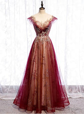 Wine Red Cap Sleeves Tulle with Lace Applique Party Dress, Wine Red Evening Dress Prom Dress